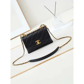 Chanel AS5001 Mini Flap Bag with top Handle Shiny Lambskin  Imitation Pearls & Gold Tone Metal Black