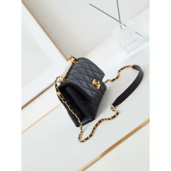 Chanel AS5001 Mini Flap Bag with top Handle Shiny Lambskin  Imitation Pearls & Gold Tone Metal Black