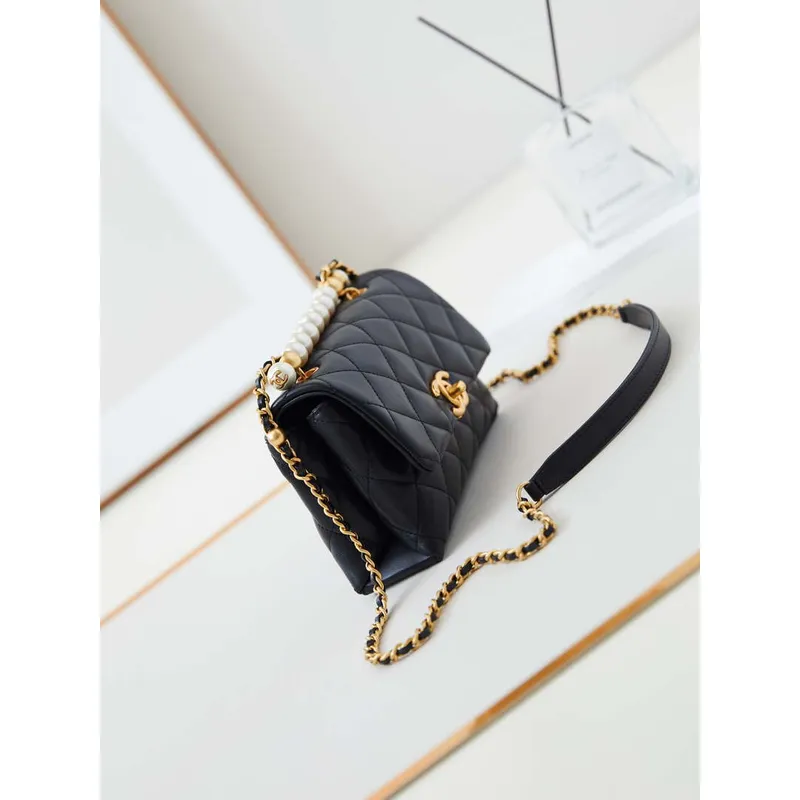 Chanel AS5001 Mini Flap Bag with top Handle Shiny Lambskin  Imitation Pearls & Gold Tone Metal Black
