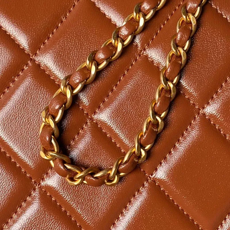 Chanel AS4959  Flap bag With top handle Shiny Lambskin & Gold Tone Metal Brown