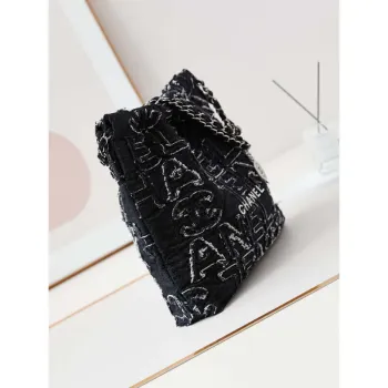 Chanel 22 AS3261 Handbag 24A Black Denim embroidered & Silver Tone Metal