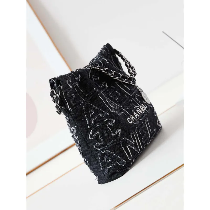 Chanel 22 AS3260 Small Handbag 24A Black Denim embroidered & Silver Tone Metal