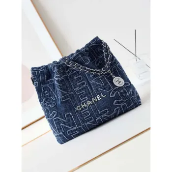 Chanel 22 AS3260 Small Handbag 24A Denim embroidered & Silver Tone Metal