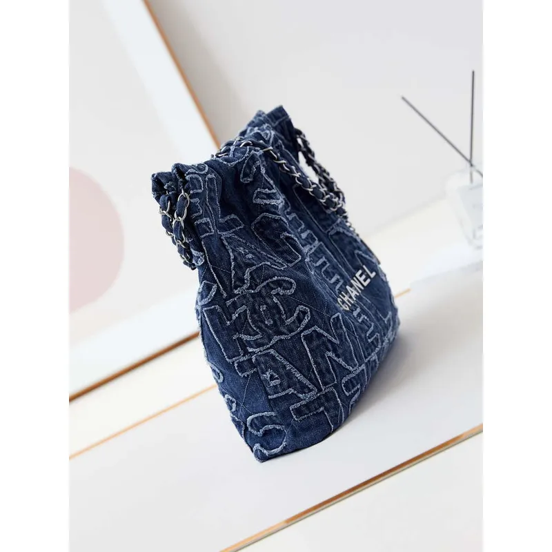 Chanel 22 AS3260 Small Handbag 24A Denim embroidered & Silver Tone Metal