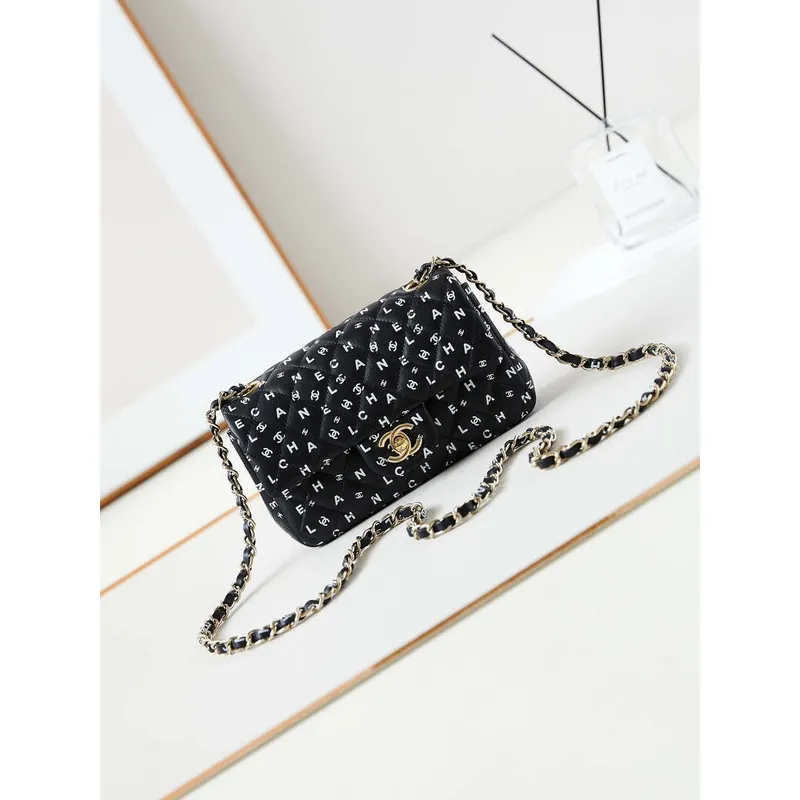 Chanel A69900 Mini Flap Black Lambskin Printed AS1116 with White CC logo