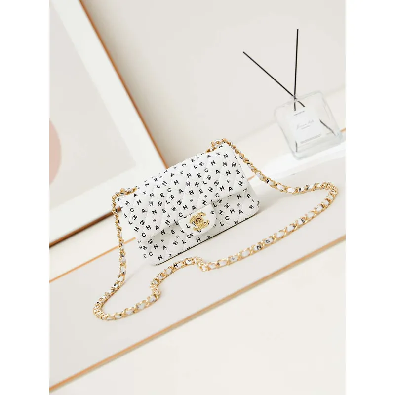 Chanel A69900 Mini Flap White Lambskin Printed AS1116 with Black CC logo
