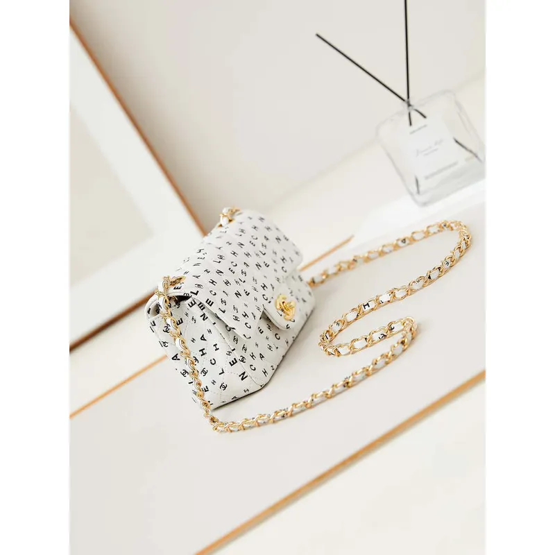 Chanel A69900 Mini Flap White Lambskin Printed AS1116 with Black CC logo