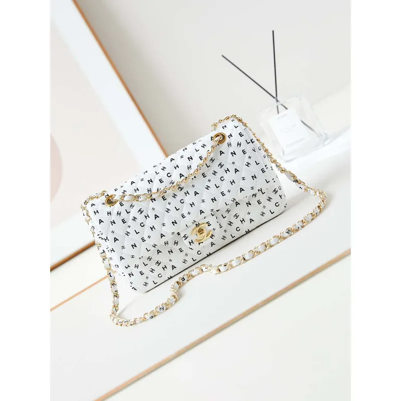 Chanel A01112 Flap White Lambskin Printed with Black CC logo