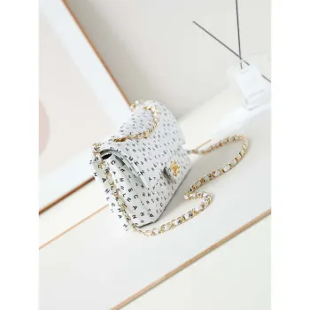 Chanel A01112 Flap White Lambskin Printed with Black CC logo