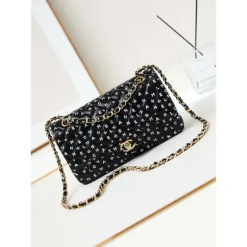 Chanel A01112 Flap Black Lambskin Printed with white CC logo