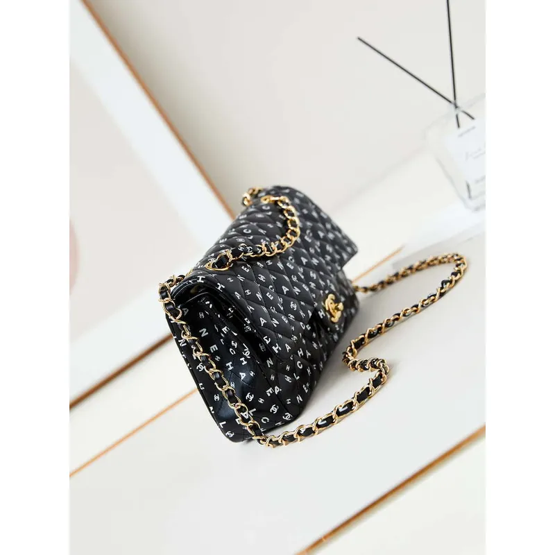 Chanel A01112 Flap Black Lambskin Printed with white CC logo
