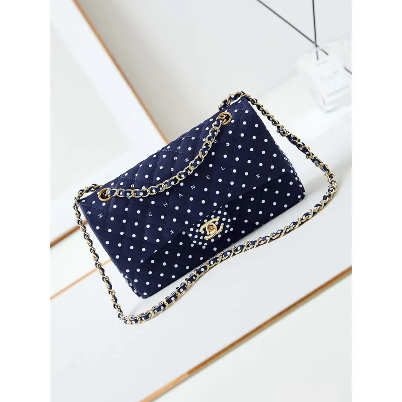 Chanel A01112 Flap Blue Fabric Printed with white raindrops