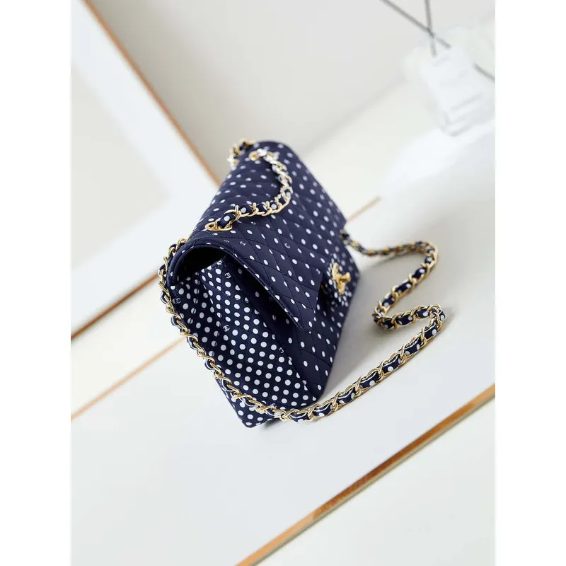 Chanel A01112 Flap Blue Fabric Printed with white raindrops