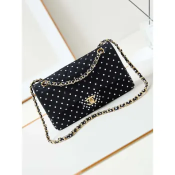 Chanel A01112 Flap Black Fabric Printed with white raindrops