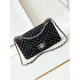 Chanel A01112 Flap Black Fabric Printed with white raindrops
