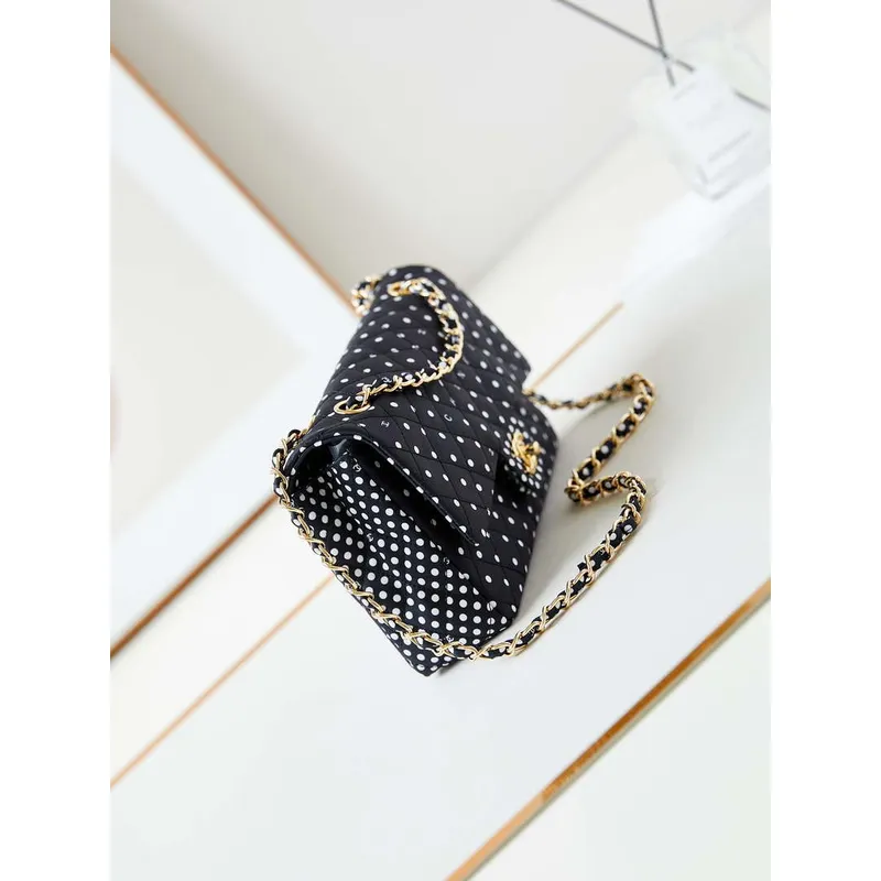 Chanel A01112 Flap Black Fabric Printed with white raindrops