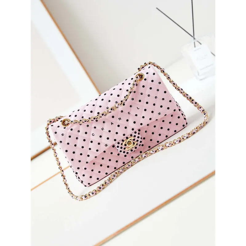 Chanel A01112 Flap Pink Fabric Printed with white raindrops