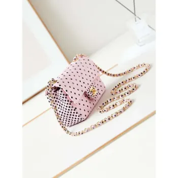 Chanel A69900 24P Mini Flap Pink Fabric Printed with white raindrops AS1116