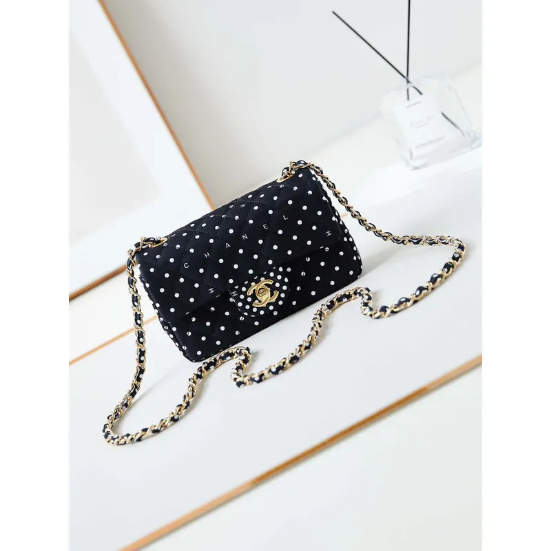 Chanel A69900 24P Mini Flap Black Fabric Printed with white raindrops AS1116