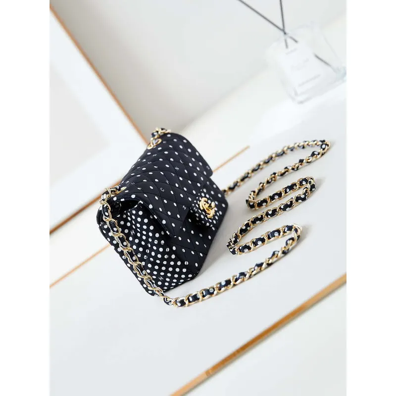 Chanel A69900 24P Mini Flap Black Fabric Printed with white raindrops AS1116