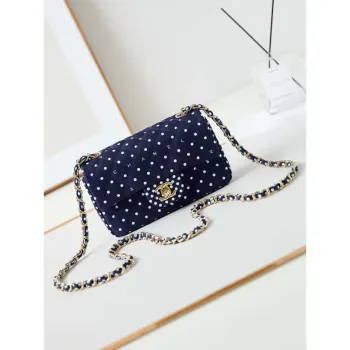 Chanel A69900 24P Mini Flap Blue Fabric Printed with white raindrops AS1116