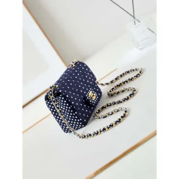 Chanel A69900 24P Mini Flap Blue Fabric Printed with white raindrops AS1116