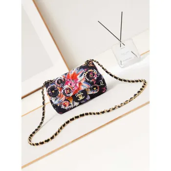 Chanel A69900 Mini Flap Printed Fabric & Gold Metal AS1116  Black & Multicolour