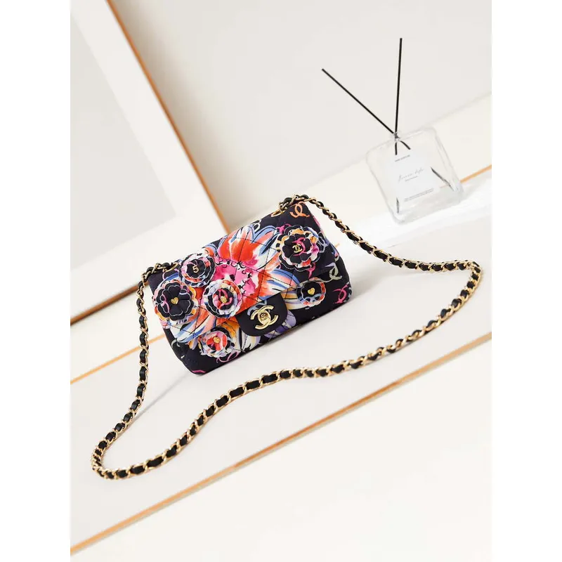 Chanel A69900 Mini Flap Printed Fabric & Gold Metal AS1116  Black & Multicolour