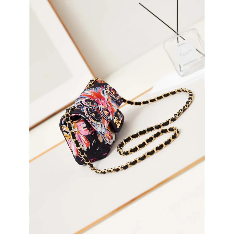 Chanel A69900 Mini Flap Printed Fabric & Gold Metal AS1116  Black & Multicolour