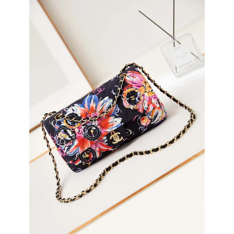 Chanel AS4842 Flap Printed Fabric & Gold Metal Black & Multicolour