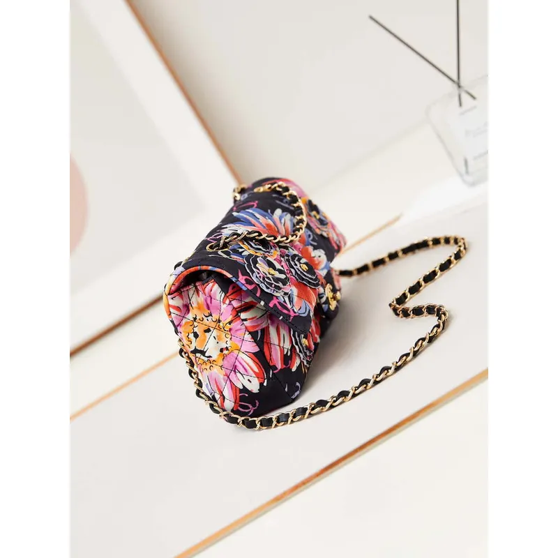 Chanel AS4842 Flap Printed Fabric & Gold Metal Black & Multicolour