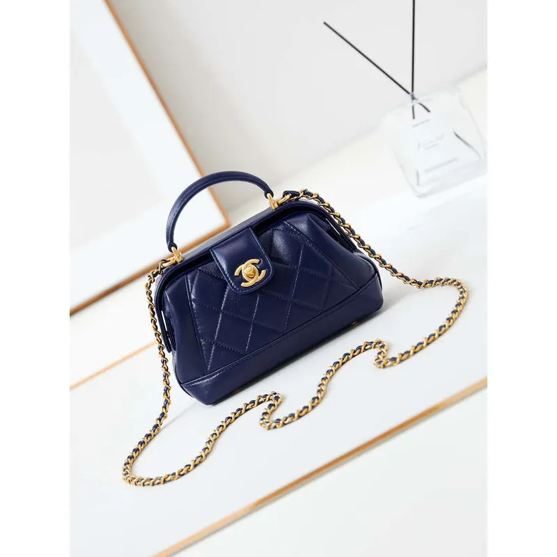 Chanel AS4958 Mini Flap bag With top handle Shiny Lambskin & Gold Tone Metal Navy blue