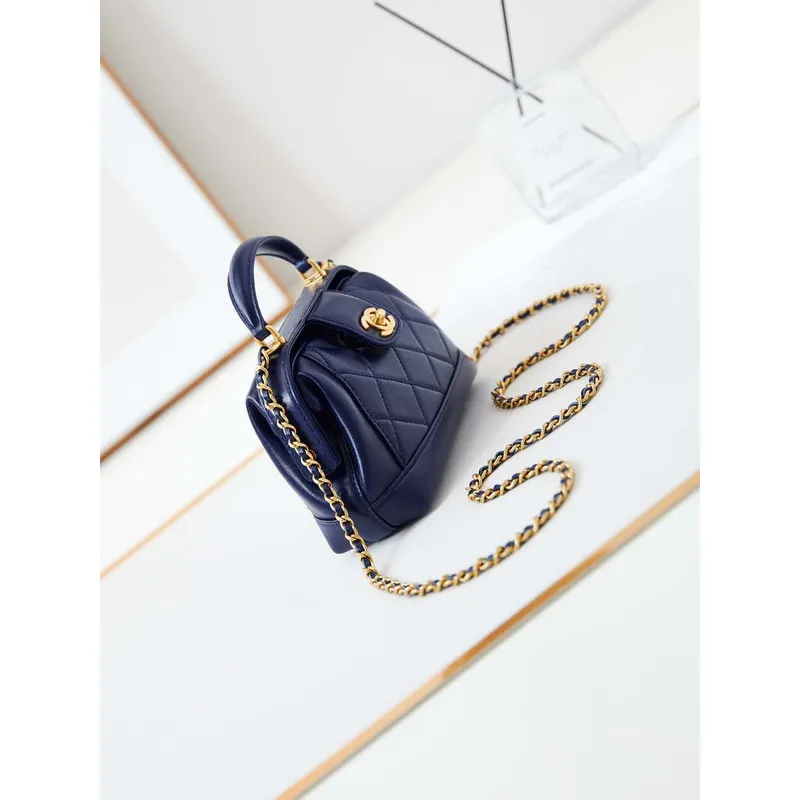 Chanel AS4958 Mini Flap bag With top handle Shiny Lambskin & Gold Tone Metal Navy blue