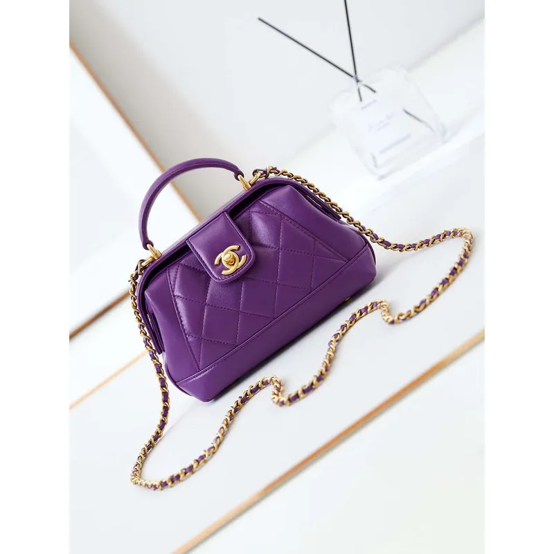 Chanel AS4958 Mini Flap bag With top handle Shiny Lambskin & Gold Tone Metal Purple