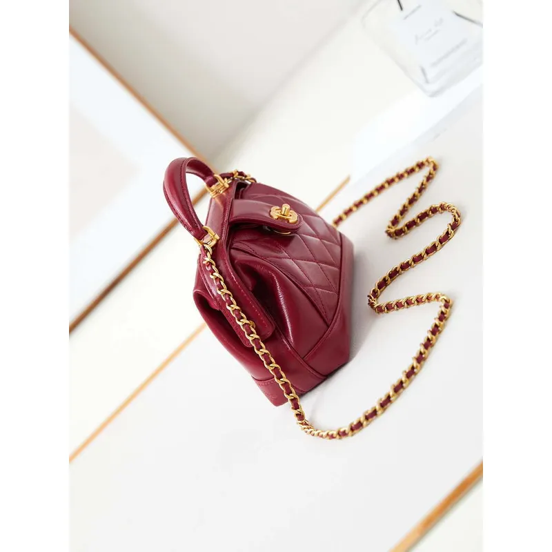 Chanel AS4958 Mini Flap bag With top handle Shiny Lambskin & Gold Tone Metal Red