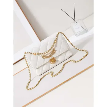 Chanel AS5011 Flap bag Shiny Lambskin Imitation Pearls & Gold Tone Metal White