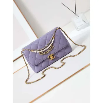 Chanel AS5011 Flap bag Shiny Lambskin Imitation Pearls & Gold Tone Metal Light Purple