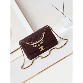 Chanel AS5011 Flap bag Shiny Lambskin Imitation Pearls & Gold Tone Metal Wine Red