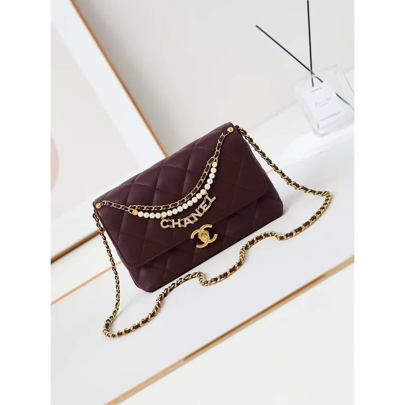 Chanel AS5011 Flap bag Shiny Lambskin Imitation Pearls & Gold Tone Metal Wine Red