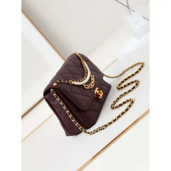 Chanel AS5011 Flap bag Shiny Lambskin Imitation Pearls & Gold Tone Metal Wine Red
