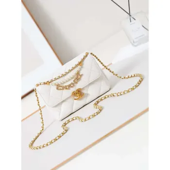Chanel AS4986 Mini Flap bag Shiny Lambskin  Imitation Pearls & Gold Tone Metal White