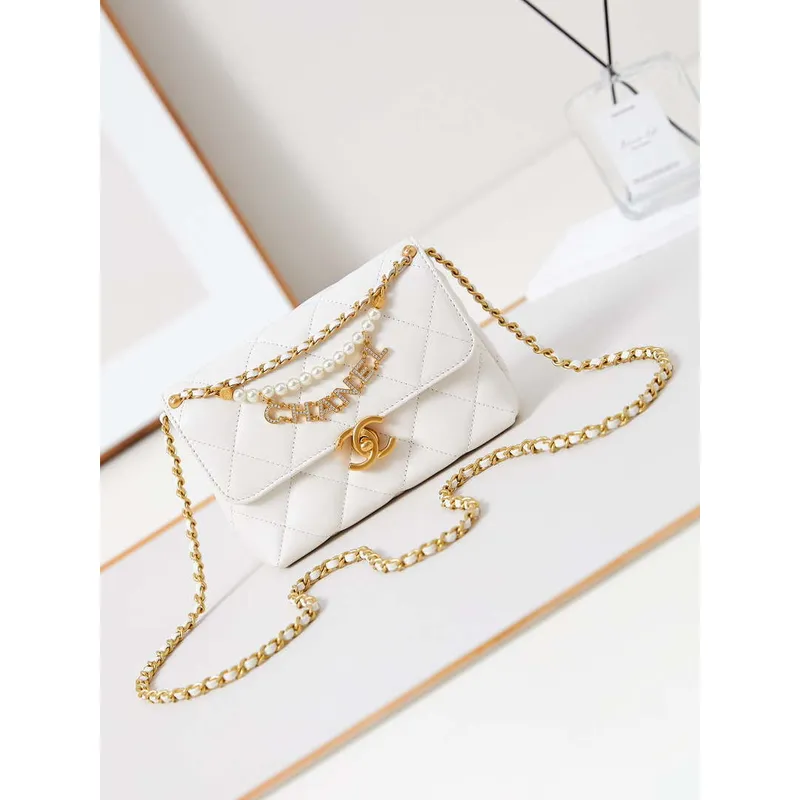 Chanel AS4986 Mini Flap bag Shiny Lambskin  Imitation Pearls & Gold Tone Metal White