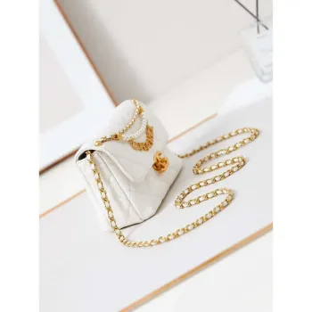 Chanel AS4986 Mini Flap bag Shiny Lambskin  Imitation Pearls & Gold Tone Metal White
