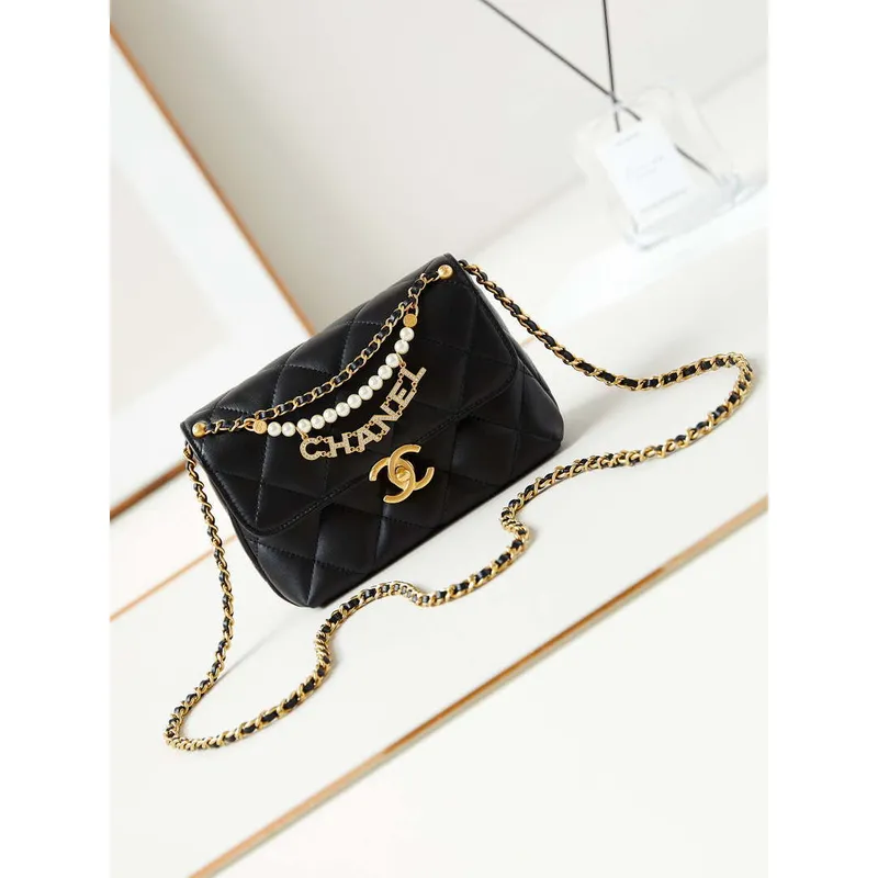 Chanel AS4986 Mini Flap bag Shiny Lambskin  Imitation Pearls & Gold Tone Metal Black