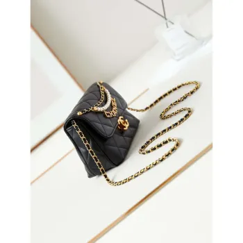 Chanel AS4986 Mini Flap bag Shiny Lambskin  Imitation Pearls & Gold Tone Metal Black