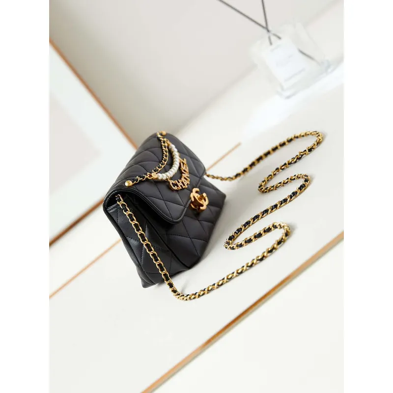 Chanel AS4986 Mini Flap bag Shiny Lambskin  Imitation Pearls & Gold Tone Metal Black