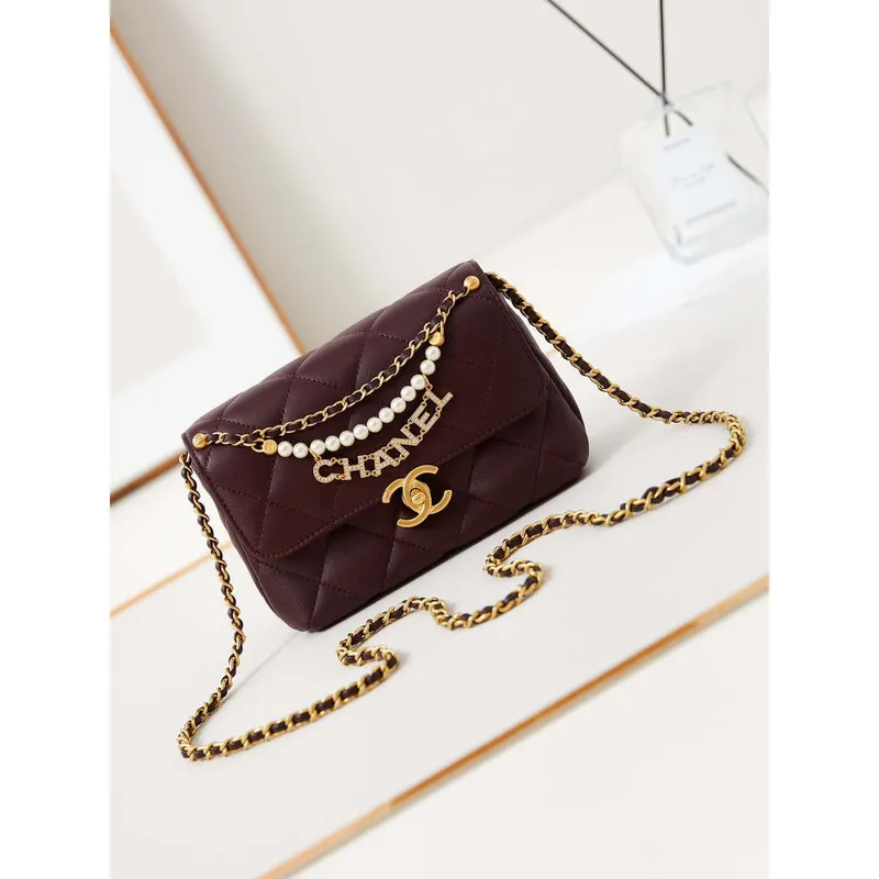 Chanel AS4986 Mini Flap bag Shiny Lambskin  Imitation Pearls & Gold Tone Metal Wine Red