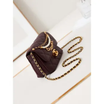 Chanel AS4986 Mini Flap bag Shiny Lambskin  Imitation Pearls & Gold Tone Metal Wine Red