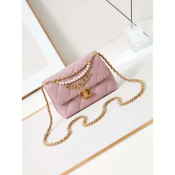 Chanel AS4986 Mini Flap bag Shiny Lambskin  Imitation Pearls & Gold Tone Metal Pink