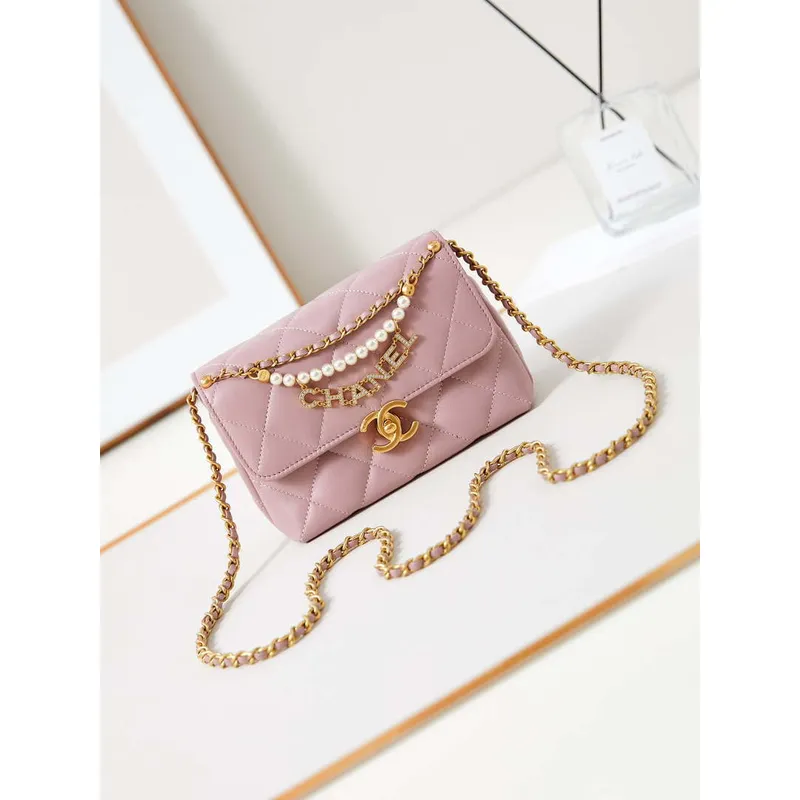 Chanel AS4986 Mini Flap bag Shiny Lambskin  Imitation Pearls & Gold Tone Metal Pink
